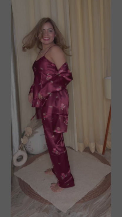 luxury satin floral nightwear 3pc set