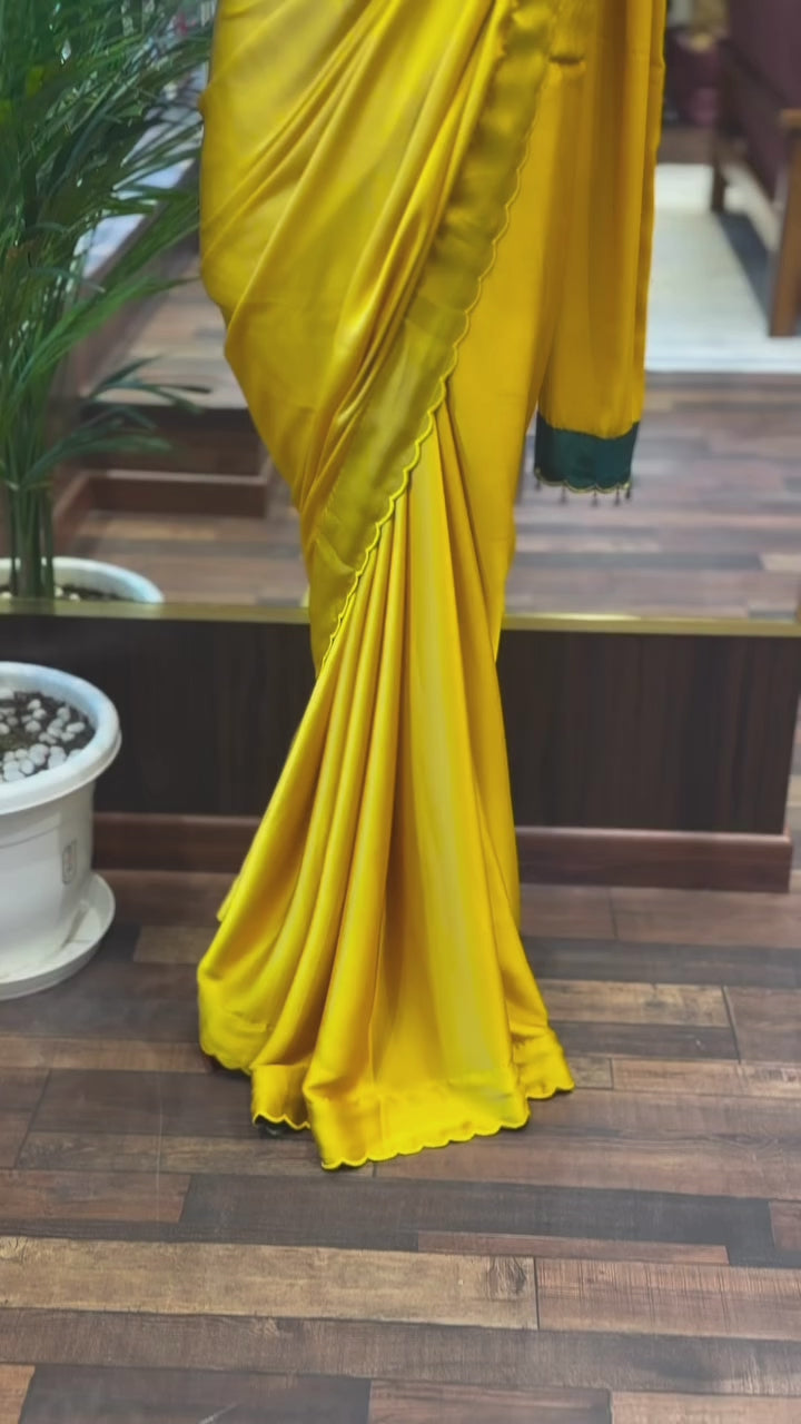 Mustard Chiffon Satin Saree with Green stylist Blouse