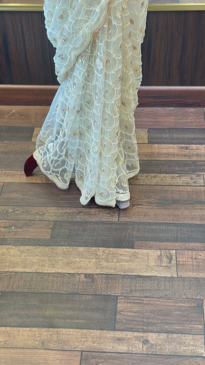 Ivory Embroidered Net Saree with Designer Blouse | Luxury Party Wear Saree | South Delhi Boutique Collection