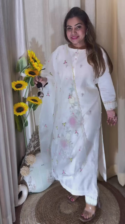 White Floral Embroidered Cotton Suit Set